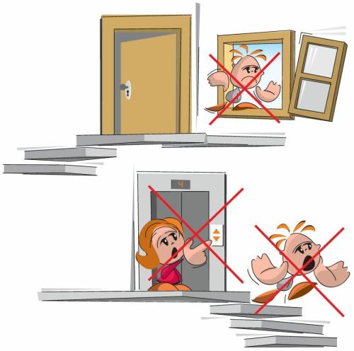 Ilustraicja prikazuje, da med potresom ne smemo skakati skozi okno, iti po stopnicah ali dvigalu.